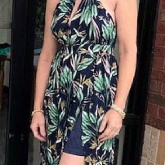 PROMESA Tropical Print Navy Background Boho Halter Style - Picture 3 of 9